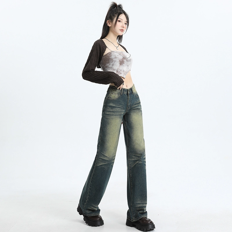 玫丝朵 美式复古怀旧高腰宽松直筒拖地牛仔裤 女款