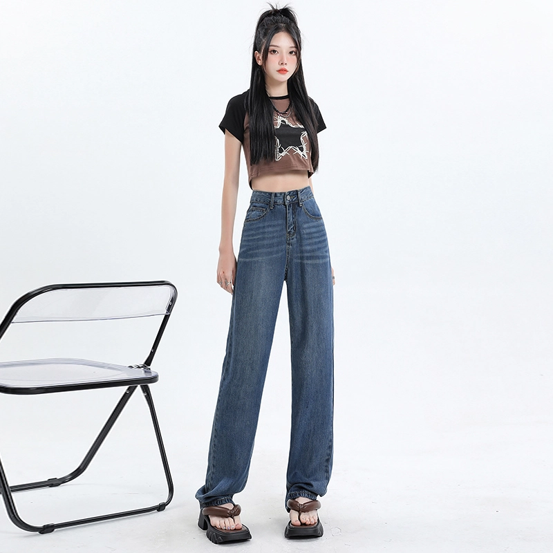 玫丝朵 薄款高腰宽松百搭阔腿垂感牛仔裤 女款
