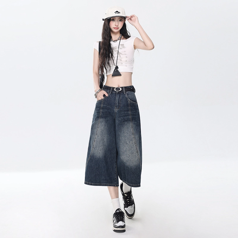 玫丝朵 美式复古高腰宽松七分直筒牛仔短裤  女款