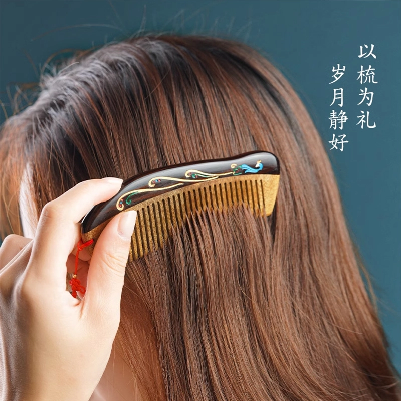 达隆 国风新中式文玩漆艺檀香按摩梳#好运 紫光檀 孔雀木梳 女款