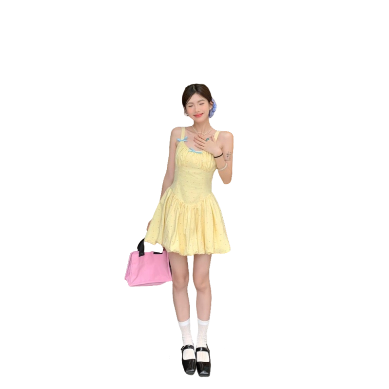 北极绒 夏日氛围感波点纯欲甜美风香芒绝美蓬蓬短裙吊带连衣裙 女款