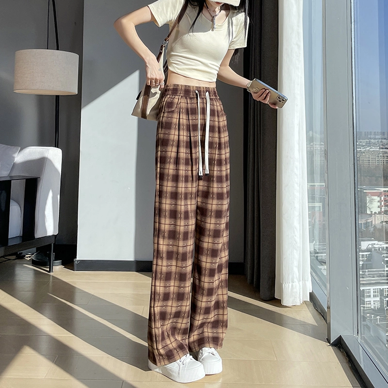 思蓓儿 百搭黑白格子阔腿裤高腰宽松慵懒风直筒裤休闲裤 女款