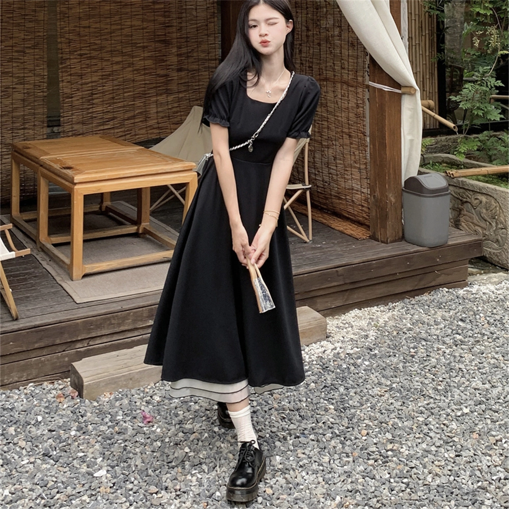 思蓓儿 法式赫本风高级感中长裙收腰显瘦裙子短袖连衣裙 女款 黑色