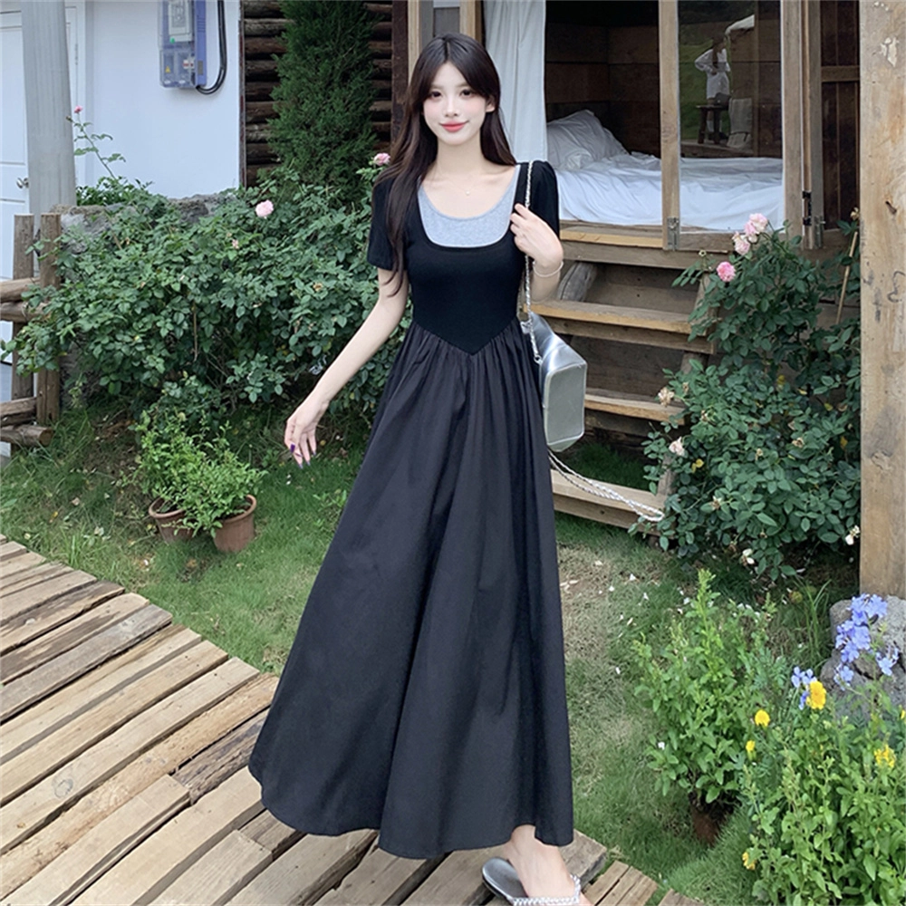 思蓓儿 法式方领假两件胖妹妹大码显瘦气质收腰高级感 短袖连衣裙 女款