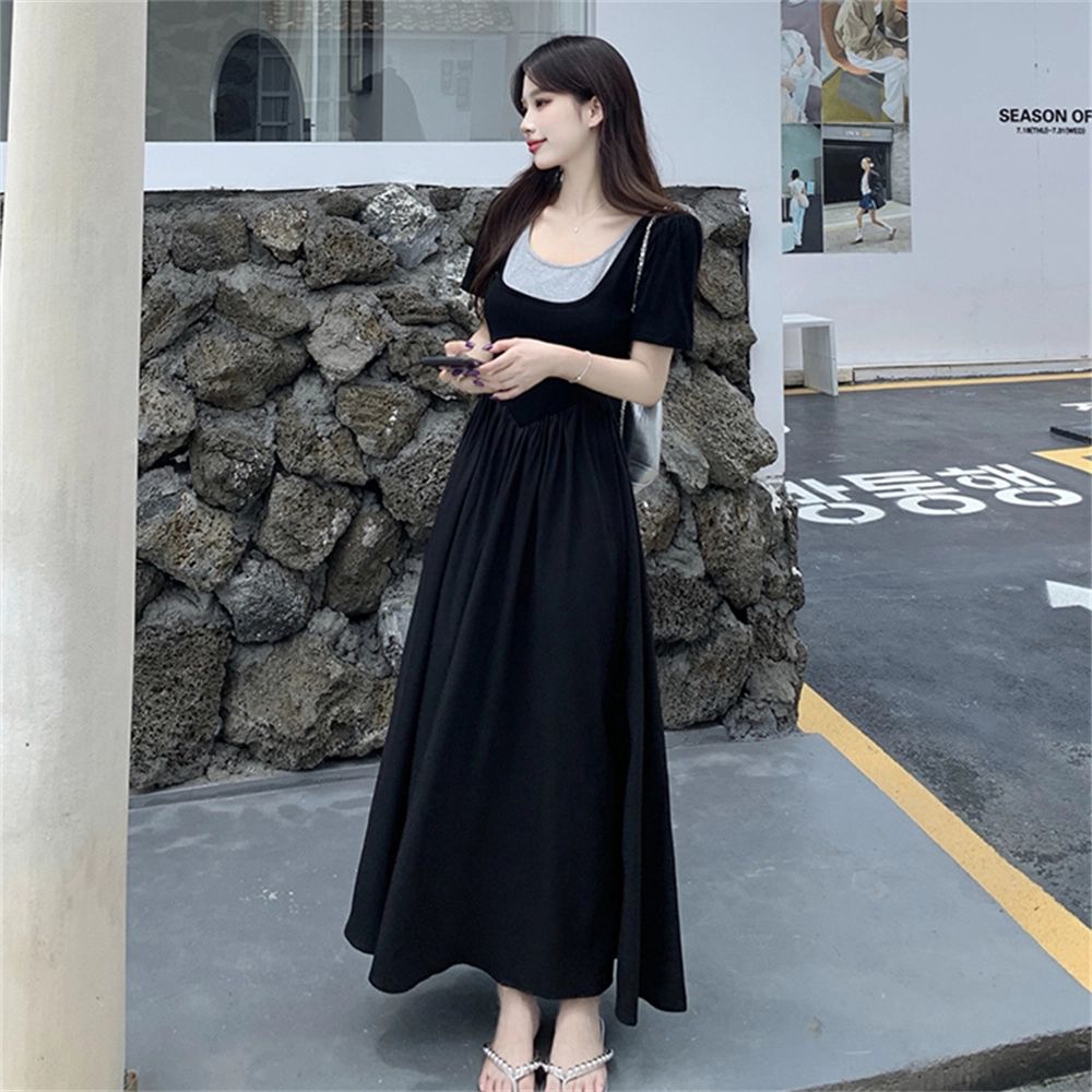 思蓓儿 法式方领假两件胖妹妹大码显瘦气质收腰高级感 短袖连衣裙 女款