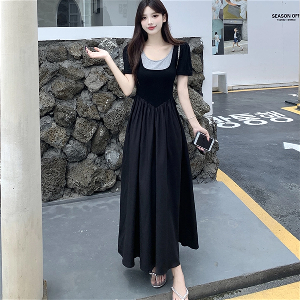 思蓓儿 法式方领假两件胖妹妹大码显瘦气质收腰高级感 短袖连衣裙 女款