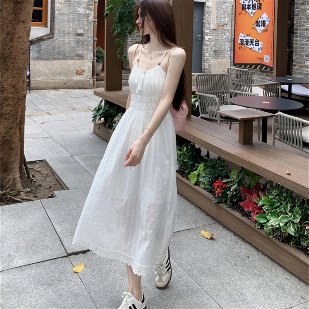 思蓓儿 韩版小清新法式温柔初恋长裙纯棉可扎染小白裙吊带连衣裙 女款 白色