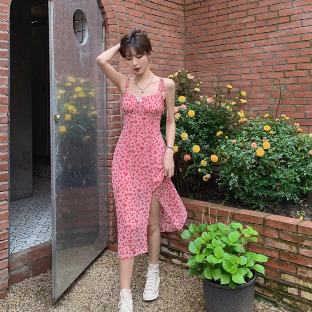 思蓓儿 法式女浪漫碎花裙收腰修身长裙度假吊带连衣裙 女款