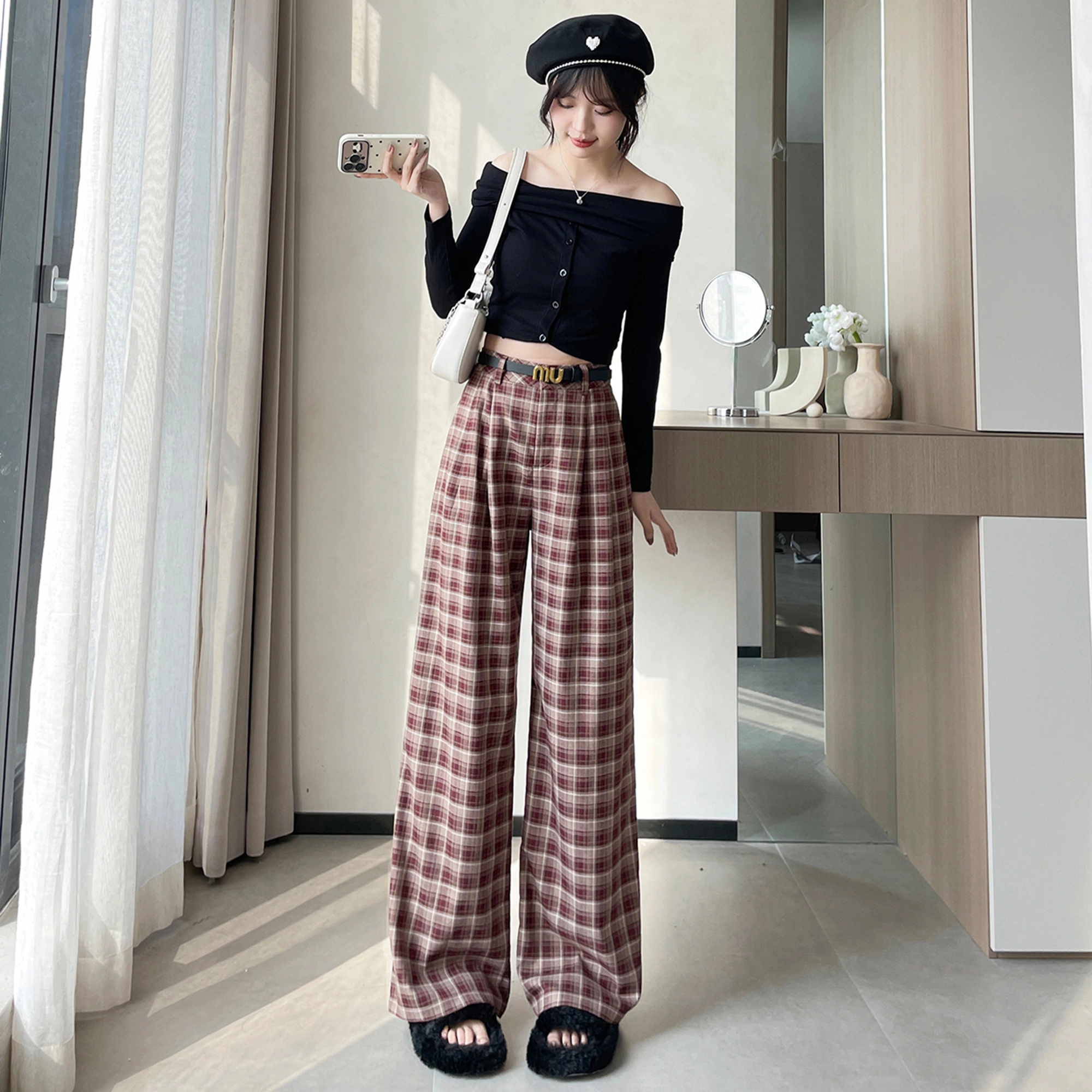 思蓓儿 宽松舒适阔腿裤拖地休闲裤 女款 红格