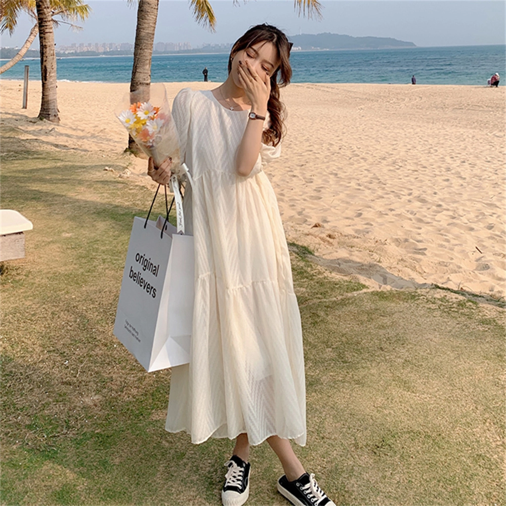 思蓓儿 蕾丝雪纺宽松中长款短袖连衣裙 女款