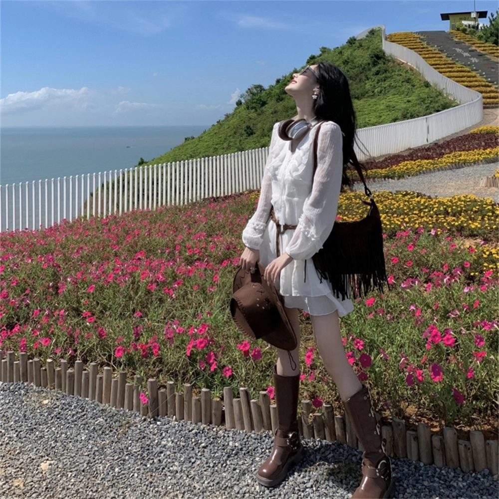 思蓓儿 韩版简约百搭舒适长袖连衣裙 女款 米白色