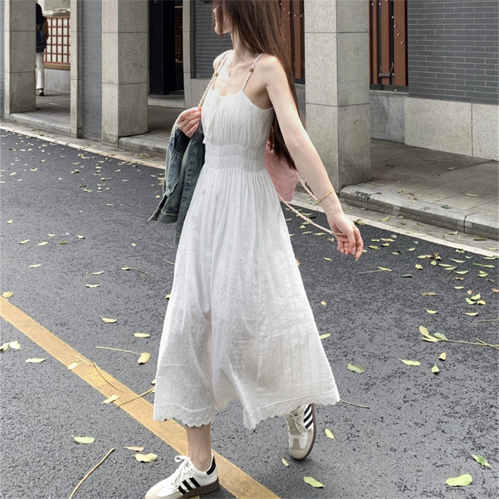 思蓓儿 韩版小清新法式温柔初恋长裙纯棉可扎染小白裙吊带连衣裙 女款 白色