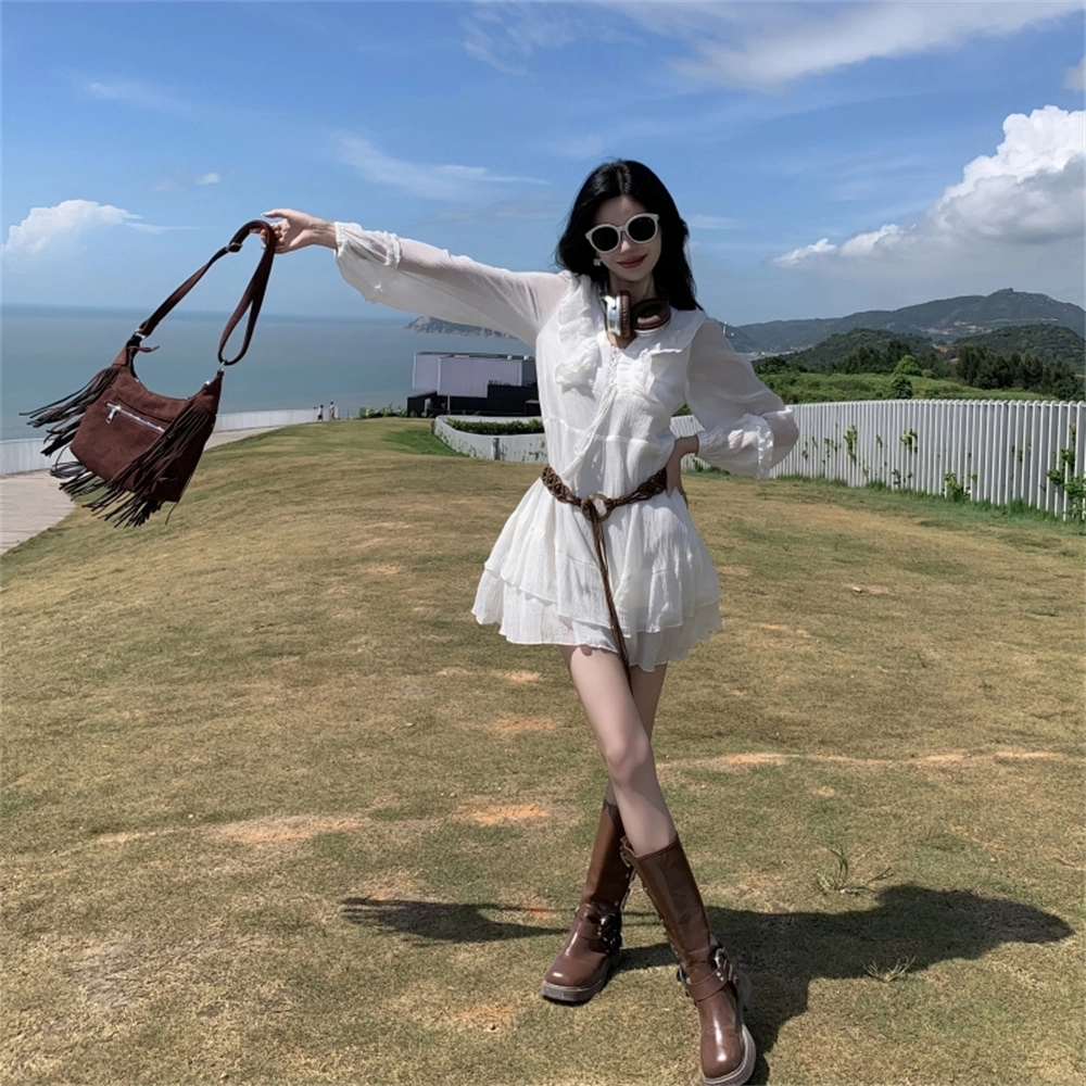 思蓓儿 韩版简约百搭舒适长袖连衣裙 女款 米白色