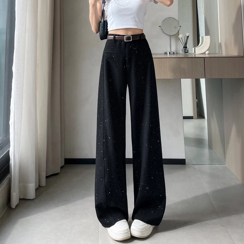 思蓓儿 亮片烫钻西装裤窄版阔腿裤直筒拖地裤休闲裤 女款