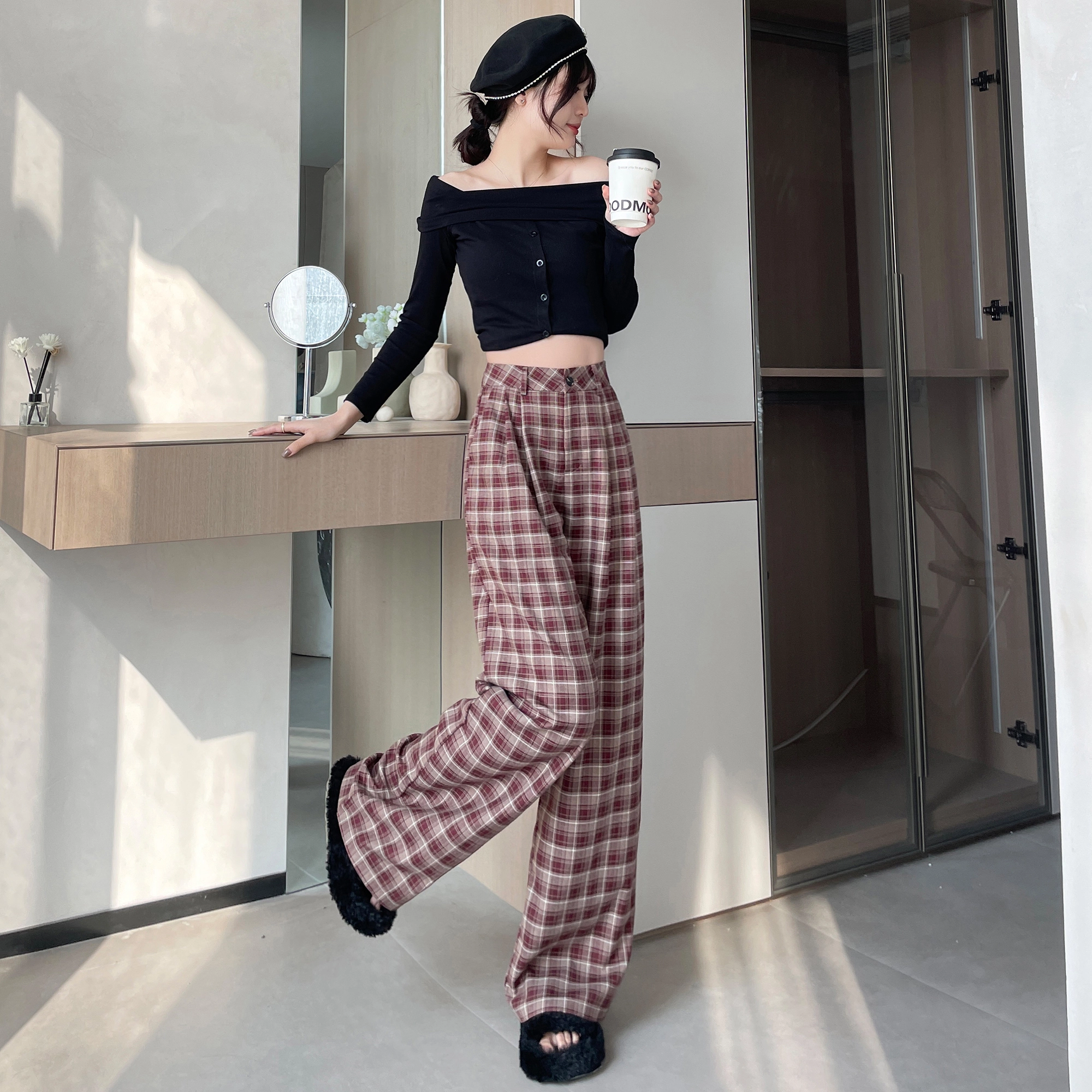 思蓓儿 宽松舒适阔腿裤拖地休闲裤 女款 红格