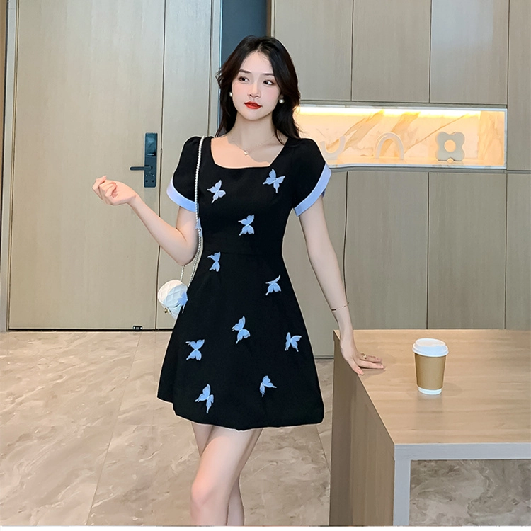 思蓓儿 立体蝴蝶结高级赫本风气质短袖连衣裙 女款 黑色