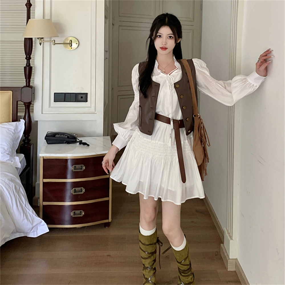 思蓓儿 甜美连衣裙高级感仙女裙简约皮马甲裙装套装 女款