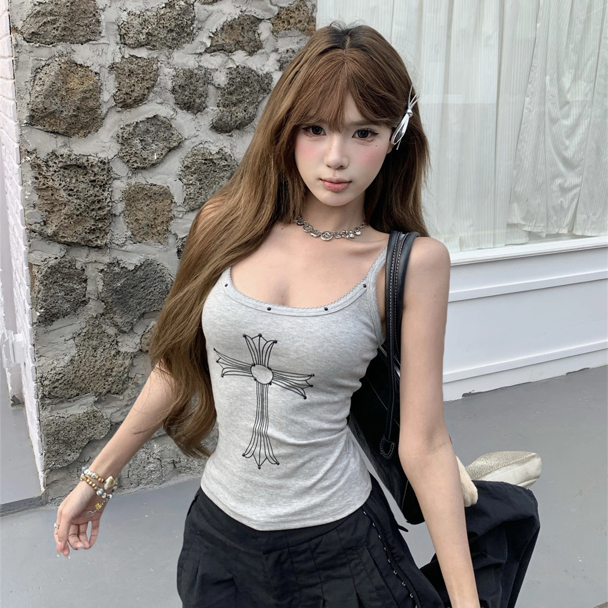 思蓓儿 修身十字架印花闪钻吊带内搭背心 女款