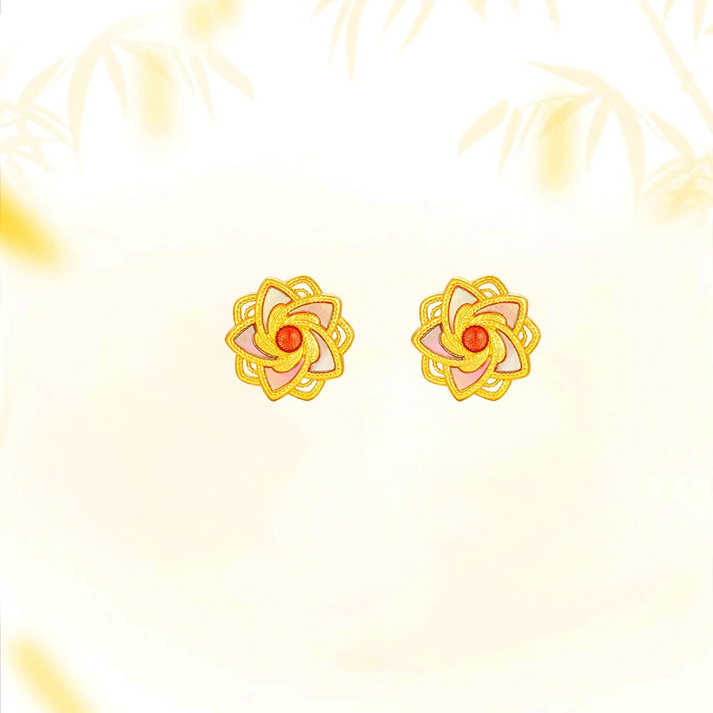 【999足金纯金】 福韵金 金钿绮梦系列 幻梦星芒耳环古典气质优雅小众设计精致百搭耳饰 黄金 一口价 耳钉 女款