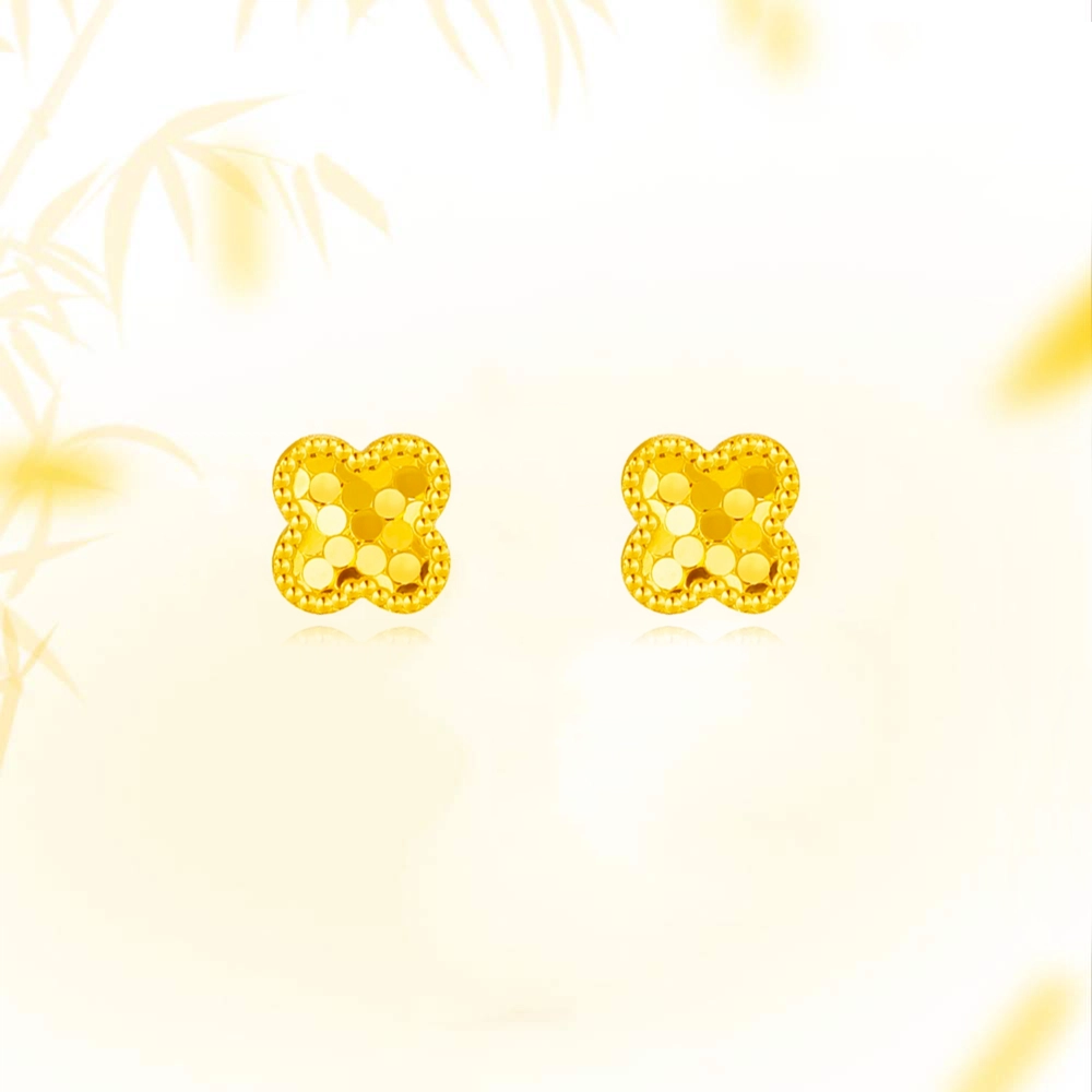 【999足金纯金】 福韵金 幸运四叶草耳饰招财转运法式优雅美学纯净氛围感精致简约气质轻奢小众设计养耳洞耳环 黄金 一口价 耳钉 女款