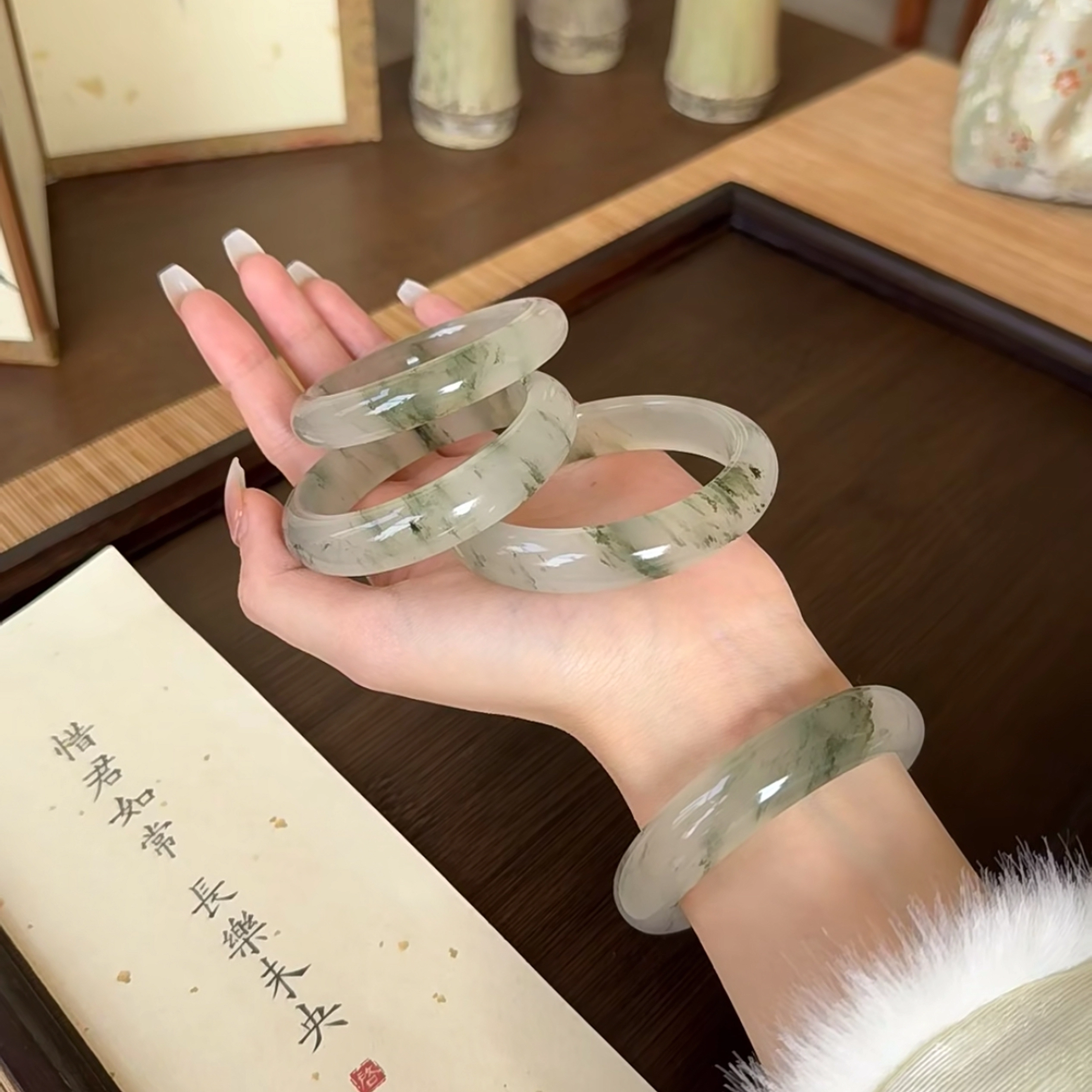 【赠999金钞 特级多翠】六桂福 青山黛飘绿美人贵妃镯宫廷风古典优雅柔和温润吉祥平安顺遂如意雅韵 福韵金 好运天然 天山翠 手镯 女款