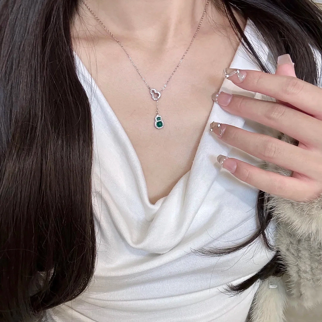 【S925银/清冷女神】六桂福 福禄双葫芦 极简显白绿水冰透清冷设计 福禄吉祥水逆退散新中式国风百搭 福韵金 好运 琉璃 玉石礼盒项链 女款
