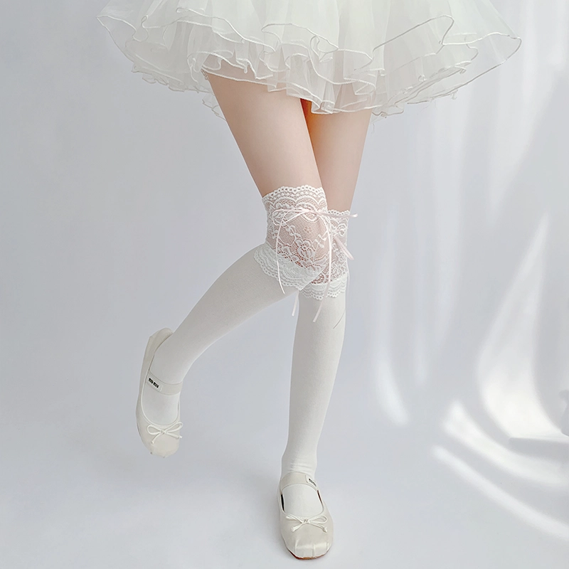 夜间教习室 蕾丝拼接蝴蝶结日系洛丽塔少女甜美过膝袜 女款