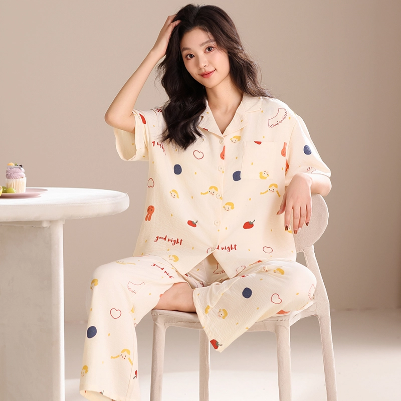 卡绚 云朵纯棉翻领短袖短裤长裤三件套甜美家居服睡衣套装 女款