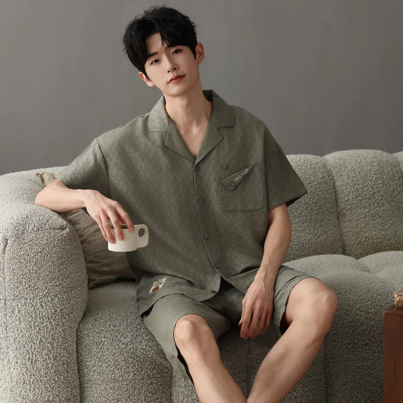 卡绚 短袖简约开衫休闲家居服可外穿睡衣套装 男款