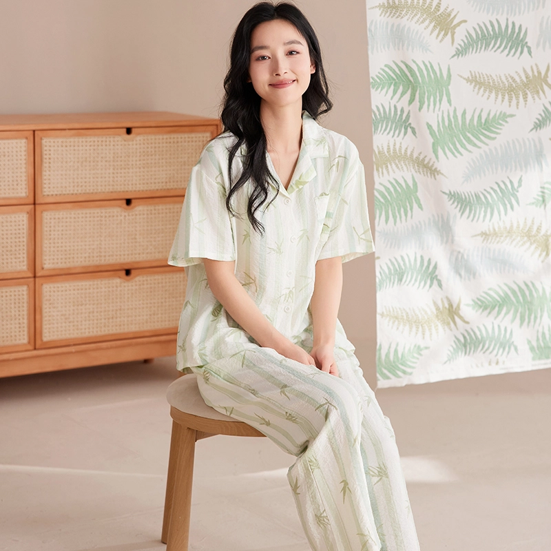 卡绚 翻领短袖短裤长裤三件套甜美休闲舒适休闲家居服可外穿夏季睡衣套装 女款