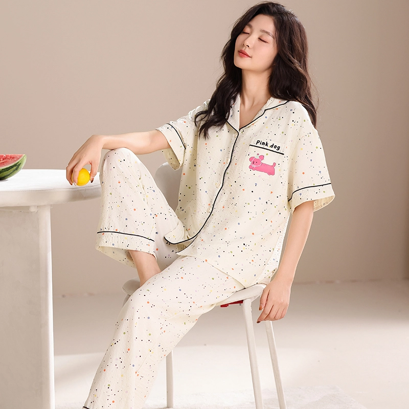 卡绚 翻领短袖短裤长裤三件套甜美卡通休闲舒适家居服夏季睡衣套装 女款
