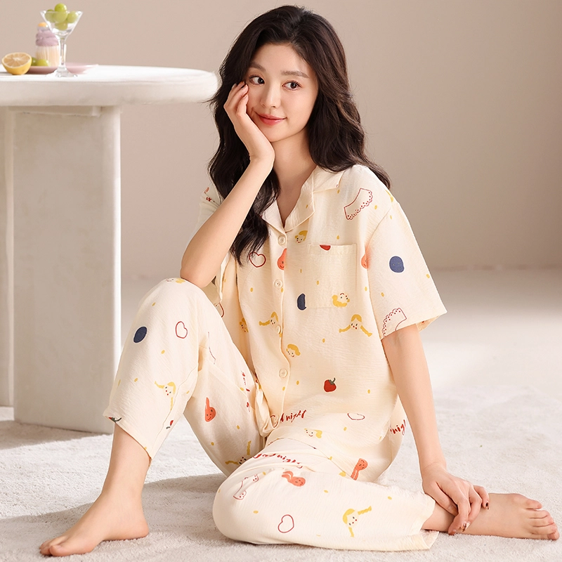 卡绚 云朵纯棉翻领短袖短裤长裤三件套甜美家居服睡衣套装 女款