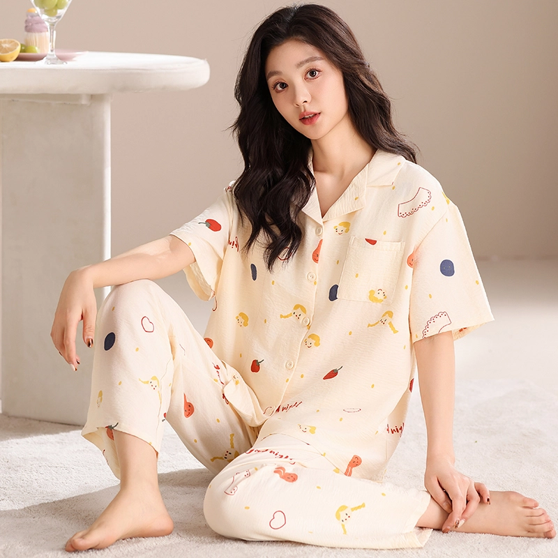 卡绚 云朵纯棉翻领短袖短裤长裤三件套甜美家居服睡衣套装 女款