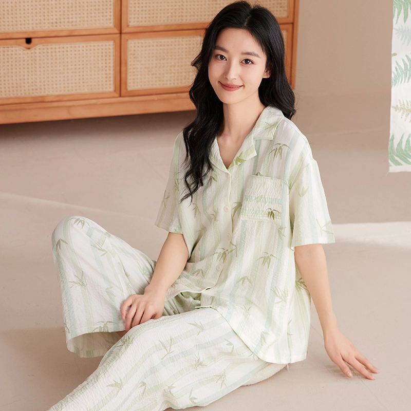 卡绚 翻领短袖短裤长裤三件套甜美休闲舒适休闲家居服可外穿夏季睡衣套装 女款
