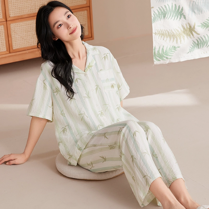 卡绚 翻领短袖短裤长裤三件套甜美休闲舒适休闲家居服可外穿夏季睡衣套装 女款