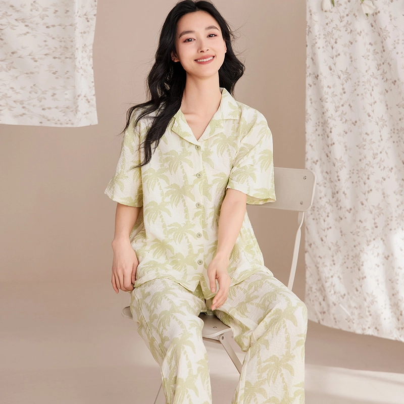 卡绚 翻领五分袖短裤长裤三件套舒适家居服可外穿夏季睡衣套装 女款