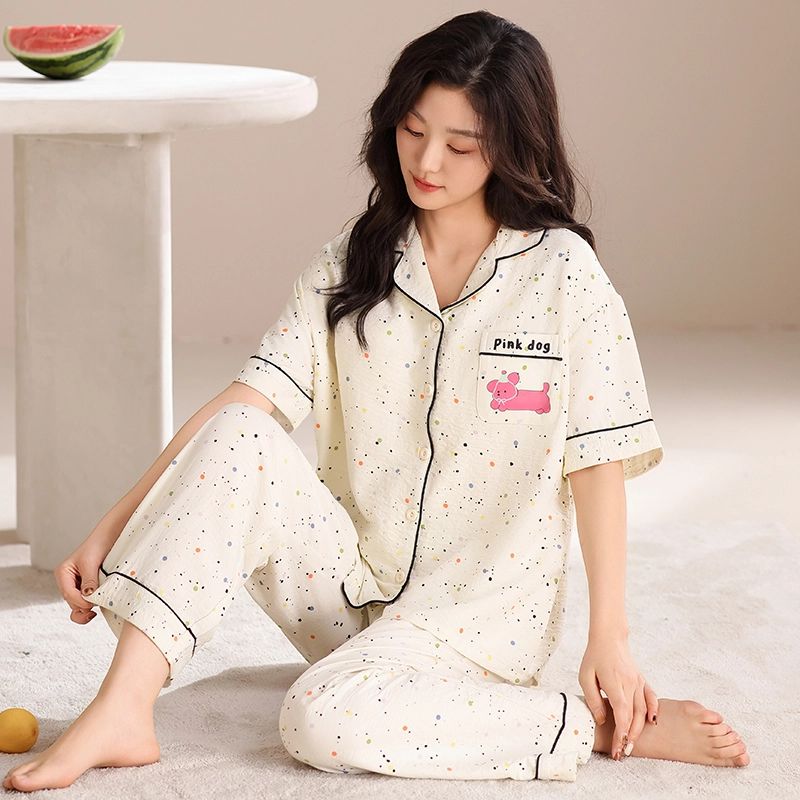 卡绚 翻领短袖短裤长裤三件套甜美卡通休闲舒适家居服夏季睡衣套装 女款