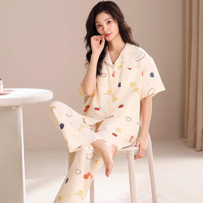 卡绚 云朵纯棉翻领短袖短裤长裤三件套甜美家居服睡衣套装 女款