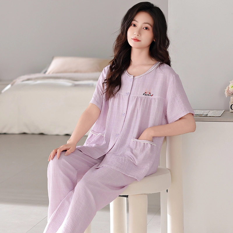 卡绚 简约短袖长裤大码休闲家居服可外穿睡衣套装 女款
