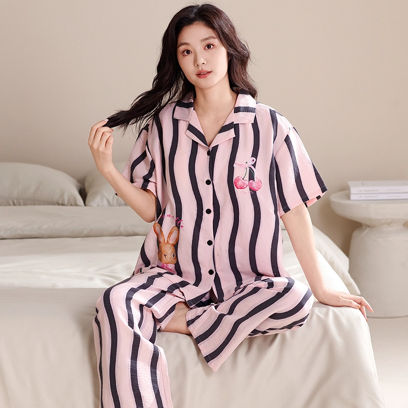 卡绚 云朵纯棉翻领短袖短裤长裤三件甜美休闲家居服可外穿夏季睡衣套装 女款
