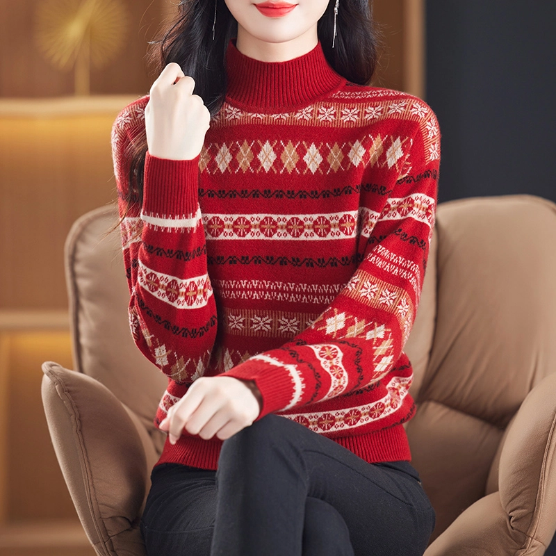 袋鼠 舒适简约休闲半高领复古印花套头羊毛针织衫 女款