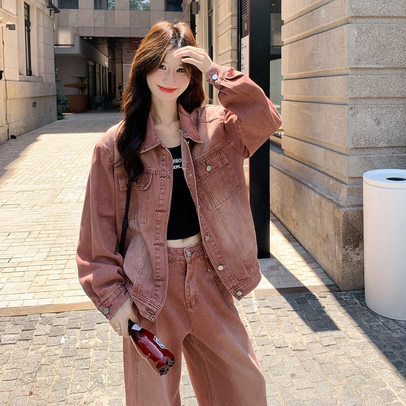袋鼠 美式复古设计感牛仔高级感外套阔腿裤两件套休闲套装 女款