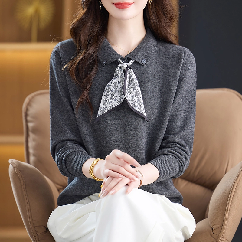袋鼠 洋气时尚宽松百搭翻领系带丝巾纯色套头长袖针织衫 女款