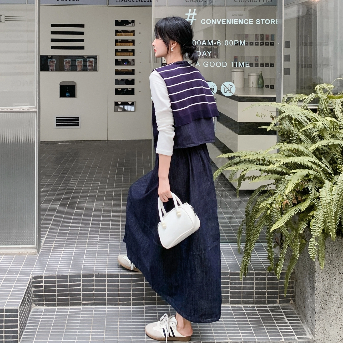 袋鼠 条纹披肩牛仔马甲半身裙三件套裙装套装 女款