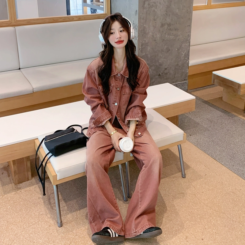 袋鼠 美式复古设计感牛仔高级感外套阔腿裤两件套休闲套装 女款