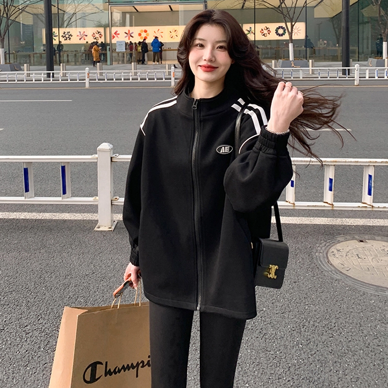 袋鼠 美式运动休闲宽松立领拉链卫衣开衫棒球服 女款