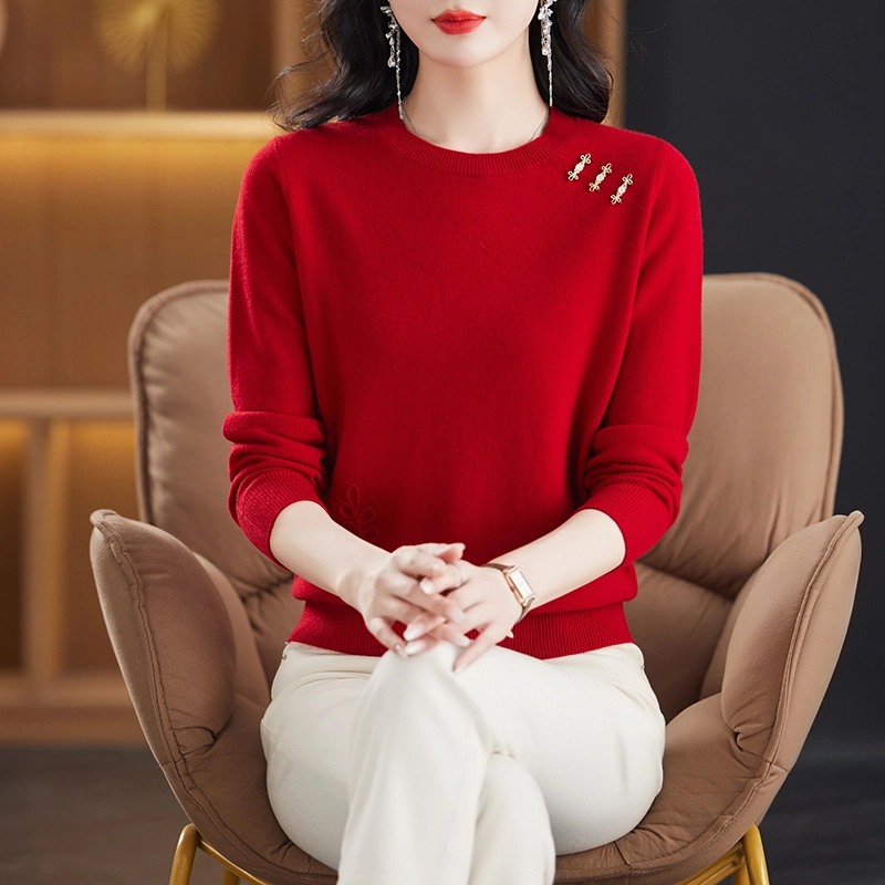 袋鼠 简约时尚宽松百搭圆领纯色套头质感绣花羊毛针织衫 女款