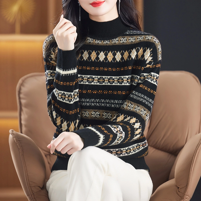 袋鼠 舒适简约休闲半高领复古印花套头羊毛针织衫 女款