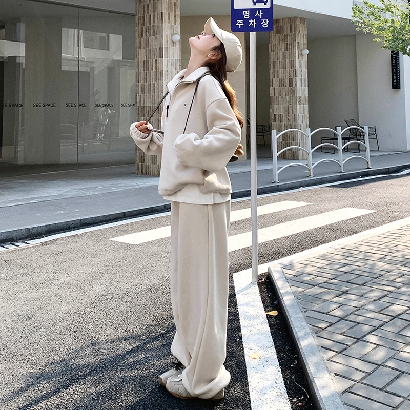 袋鼠 假两件上衣阔腿裤两件套时尚学院风精美穿搭卫衣套装 女款