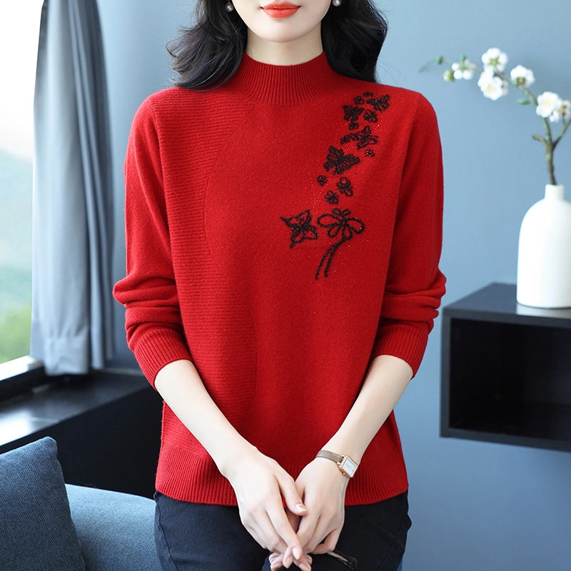 袋鼠 简约时尚宽松半高领纯色蝴蝶绣花质感羊毛针织衫 女款